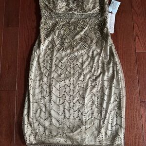 Sue Wong Gold Tan Beaded Strapless Dress